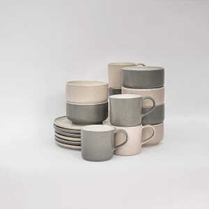 EDDA stoneware Brunch-Set Mixed – Cappuccino Beige & Granit Grau aus Steingut (handgemacht)