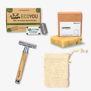 EcoYou Rasierhobel – Set inkl. Seife, Rasierklingen und Seifensäckchen – Geschenkset (Silber)