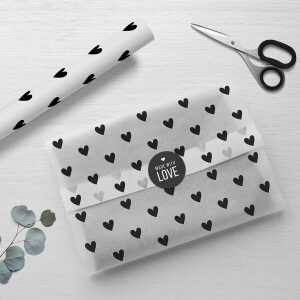 Fines Papeterie 10m Seidenpapier HERZEN * weiß mit schwarzen Herzen * auf Rolle * Geschenkpapier * Packseide