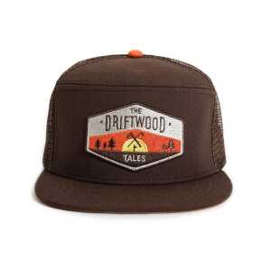 The Driftwood Tales Dunkelbraune Trucker Cap mit orangefarbenem Verstellgurt und Driftwood-Emblem