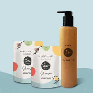 Treu-Refill Bio Naturkosmetik Shampoo in Pulverform mit Refill-Flasche aus Flüssigholz