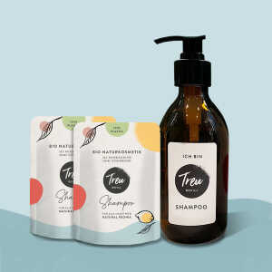 Treu-Refill Bio Naturkosmetik Shampoo in Pulverform mit Refill-Glasflasche