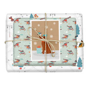 dabelino Geschenkpapier Set: Weihnachten “Hunde (Mops, Dackel)”: 4x Bögen + 1x Weihnachtskarte (für Erwachsene + Kinder)