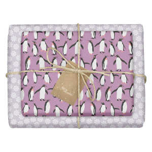 dabelino Geschenkpapier Set: Weihnachten “Pinguine / Schneeflocken lila weiß”: 4x Bögen + 4x Anhänger (für Kinder + Erwachsene)