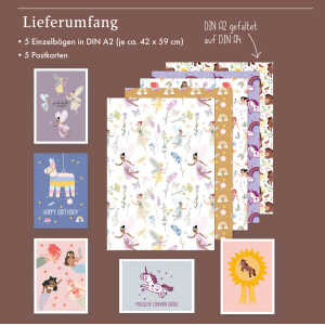 dabelino Kinder Geschenkpapier 5er Set: Pferd, Einhorn, Meerjungfrau, Fee, Lama
