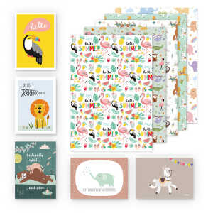 dabelino Kinder Geschenkpapier 5er Set Tiere: Faultier, Elefanten, Lama, Flamingo