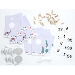 renna deluxe RUBBEL Adventskalender, zum Rubbeln, Weihnachten Reh Tannenbaum, Bastelset 97 Teile | Gutschein-Kalender im Nordic Stil