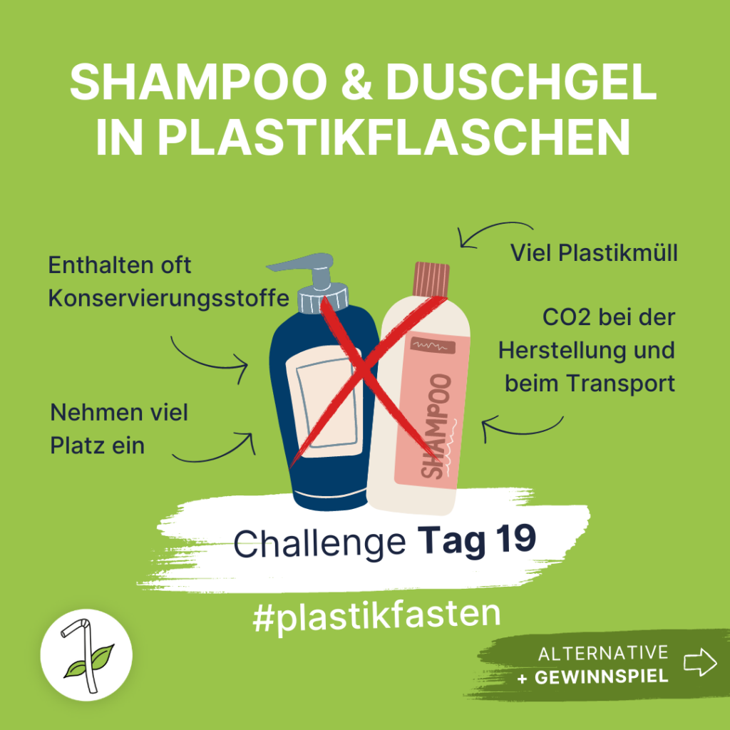 Plastikfasten: Shampoo und Duschgel in Plastikflaschen