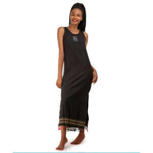Africulture Kikoy Sommerkleid lang, Strandkleid “Mwezi” mit Afrikanischem Stickmuster, made in Kenia
