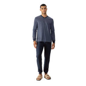Mey Herren Schlafanzug Pyjama lang mit Bündchen “Blue Grid” Made-in-Green