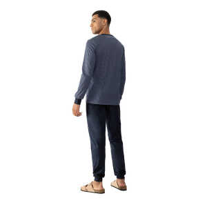 Mey Herren Schlafanzug Pyjama lang mit Bündchen “Blue Grid” Made-in-Green