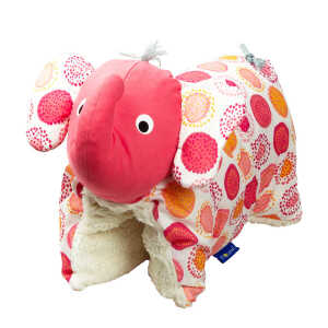 Flosinn Kuschelkissen Elefant als Reisekissen mit Teddyplüsch aus Baumwolle mit Schurwollfüllung. Personalisierbar