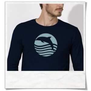 Picopoc Sonnenuntergang mit Delfin Langarm T-Shirt für Männer in navy blau