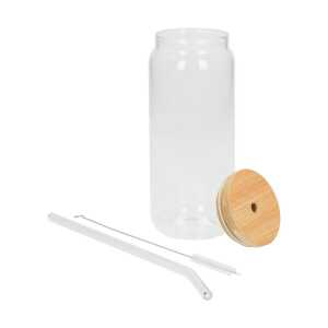 elasto Trinkglas “Tropical” – Strohhalm & Bürste – Bambusdeckel auslaufsicher
