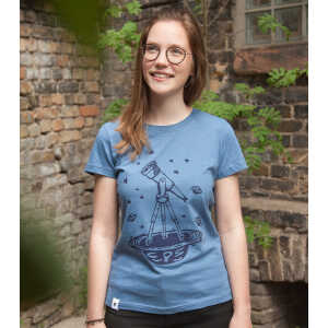 päfjes Teleskop mit Sternen – Frauen T-Shirt – aus Baumwolle Bio – Slub Blau